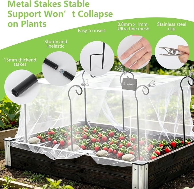 Garden Netting Kit for Raised Beds, 10 x 13 FT Ultra Fine Insect Mesh with 8 Upgraded Hook-Top Stakes & 20 Clips, Plant Cover for Vegetables, Fruits & Pest Protection