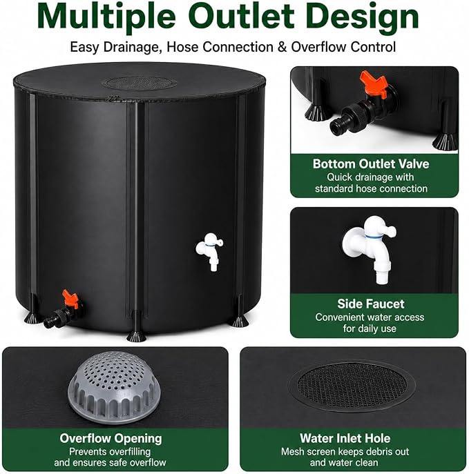 132 Gallon Collapsible Rain Barrel, Rain Water Collection Barrel System Kit, Collapsible Water Tank with 2 Spigots and Overflow Kit, Portable Rain Water Catcher for Garden, Black