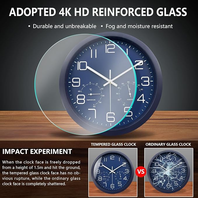 12 Inch Analog Wall Clock with Temperature and Humidity, Battery Operated Non-Ticking Silent Tempered Glass Large Numbers Clocks for Living Room Bedroom Office Kitchen Farmhouse Outdoor, Blue