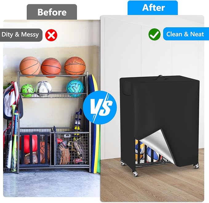 Basketball Rack Cover Garage Sports Equipment Organizer Cover for Ball Storage Rack Waterproof & Dustproof Sports Organizer Bag 38" L x 18" W x 45" H Black