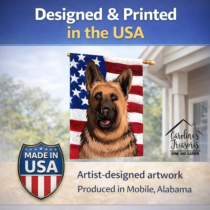 Caroline's Treasures CK6536CHF German Shepherd Dog American Flag House Flag Large Porch Sleeve Pole Decorative Outside Yard Banner Artwork Wall Hanging, Polyester, House Size, Multicolor