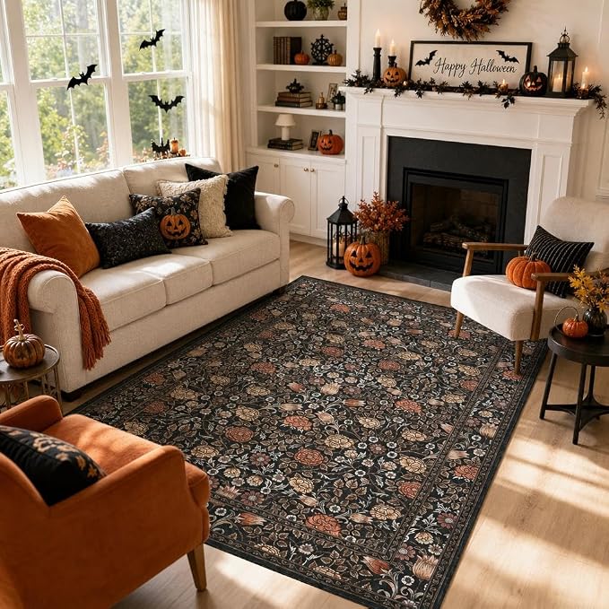 GarveeHome Dark Brown Floral Washable Rug 5x7 for Bedroom Living Room | Nursery Dorm Office Rug Vintage Boho Rugs Low-Pile Non-Slip Stain Resistant TPE Backing
