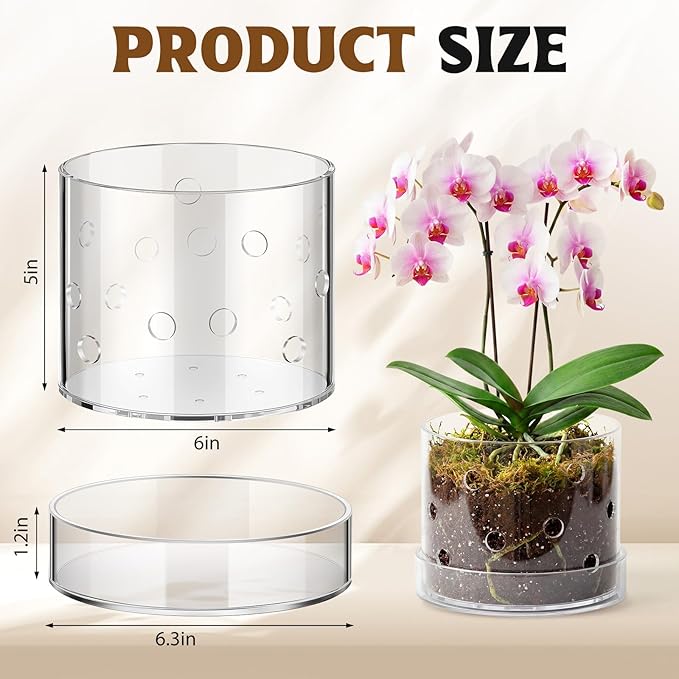 6 Inch Clear Acrylic Orchid Planter Pot with 360° Round Holes & Tray, Thick Acrylic Vented Planter for Phalaenopsis, Root Airflow, Bottom Watering & Indoor Orchid Repotting