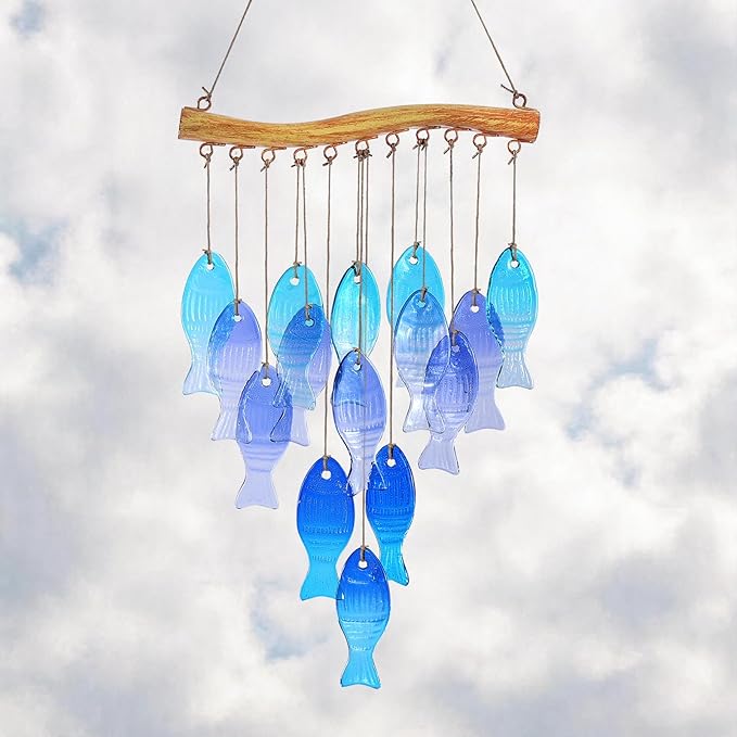 Glass Fish Wind Chimes for Outside/Inside - Handcrafted Stained Glass and Iron Decorative Sea Glass Windchime - Unique Bohemian Coastal Decor for Garden, Patio, Porch - Sympathy Gift (Blue Fish)
