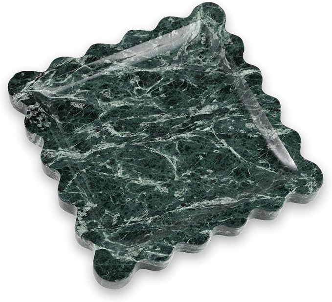Scalloped Square Marble Decorative Tray, Natural Stone Vanity & Jewelry Tray, Trinket Organizer for Ring, Key, Dresser, Nightstand, Bathroom Counter & Kitchen Sink(Verde Alpi Green)