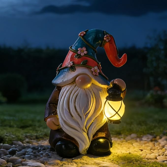 Suyorpe Garden Gnomes Statues with Solar LED Light - Mini 4.9 inch Gnome Sculptures for Porch Balcony Patio Yard Lawn Balcony Home Decor Mother's Day Birthday Gifts for Women