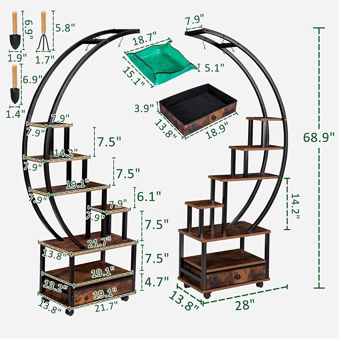 7-Tier Half Moon Indoor Plant Stand with Lockable Wheels, 71” Tall Plant Shelf with Drawer & Accessories, Plant Holder Display Rack for Multi-plants, Large Plant Rack for Patio Balcony Living Room (Half Moon)