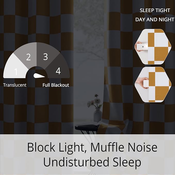 100% Blackout Checkered Curtains – 2 Panels, Each W52×L84, Thermal Insulated, Nosie Reducing for Bedroom, Modern Mustard and White Checkerboard Design
