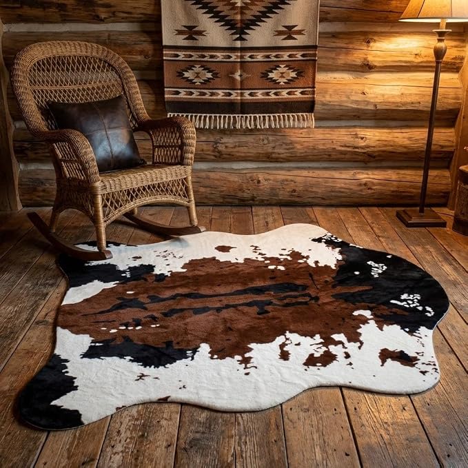 MustMat Brown Faux Cowhide Rug, American Rustic Decor 4'7"x 5'3" | Perfect For Corners & Sofa Front. Complements Western & Vintage Styles, Great for Halloween and Christmas Decor