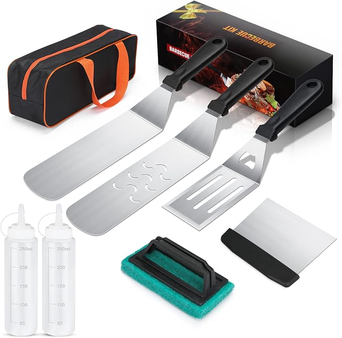 AULTONG 8-Piece Griddle Accessory Kit – Premium Stainless Steel Tools with Leak-Proof Bottles, Scraper, Spatulas, Cleaning Brush & Carry Bag for Blackstone & Camp Chef(8pcs)