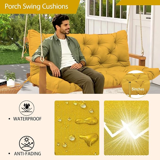 Porch Swing Cushions Waterproof Outdoor Swing Cushions 2-3 Seater Thicken 5" Dark Gray Patio Swing Cushion with Backrest 40 × 40" Swing Replacement Cushion for Outdoor Furniture(Yellow)