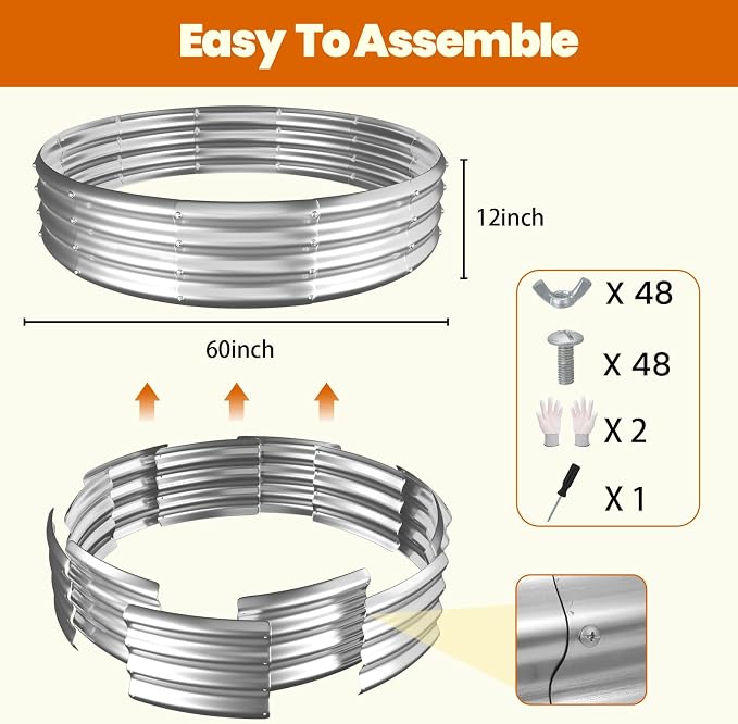60 Inch Fire Pit Ring 5FT Galvanized Steel Burn Barrel,12" Raised Heavy Duty Wood Burning Fire Pits,Heat Resistant Campfire Ring with Spark Guard, for Outdoor Backyard, Patio & Camping Use