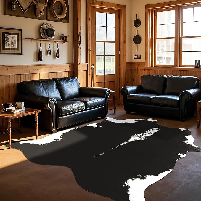 BENRON Faux Cowhide Rug, Cow Print Rug for Living Room Bedroom 5.2x6.2ft | Western cow hide rug for Cowboy Cowgirl Home Decor, Washable Rugs with Irregular Animal Skins and Hides Non Slip, Black