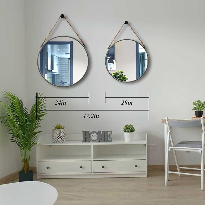 POZINO 24 Inch Round Mirror with Grey Metal Frame, Hanging Mirror for Wall | Circle HD Mirror with Jute Rope, Anti-Rust, Farmhouse Decorative Wall Mirror for Entryway, Living Room, Fireplace, Bathroom