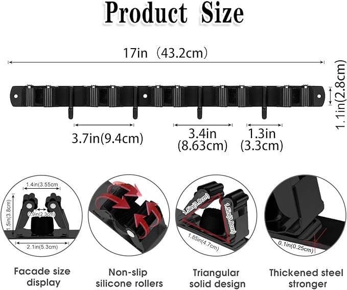 AceMining 2 Pack Black 5 Racks and 4 Hooks Mop and Broom Holder Wall Mount, Broom Organizer Storage Tool Racks Stainless Steel Heavy Duty Hooks Self Adhesive Solid Non-slip for Home Kitchen Garden | Mop Holder Wall Mount and Broom Hanger for Garage, La...