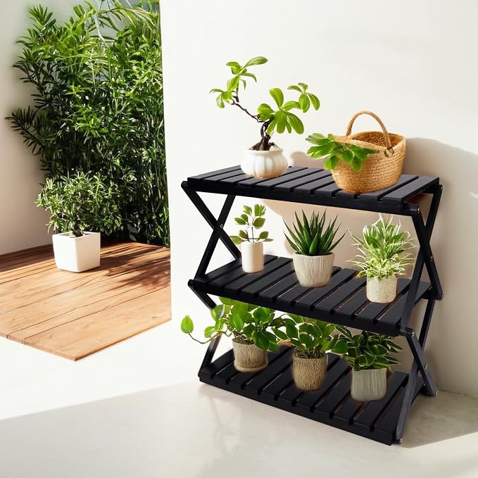 BEEFURNI Acacia Plant Stand Indoor, Wooden Outdoor Plant Stand, Foldable Plant Stand, 3 Tier Conner Space Flower Stand, Plant Ladder Stand (Black)