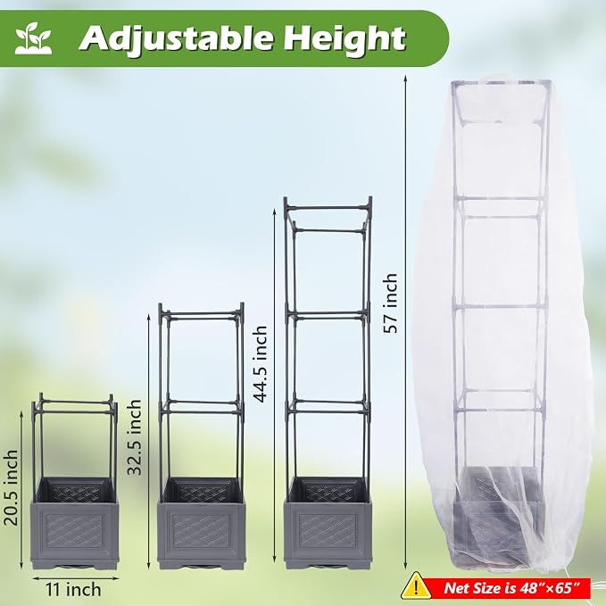 55 Inch Raised Garden Bed with Trellis, Self-Watering Tomato Planter Box with Hidden Rolling Wheels, Vertical Plant Support Cage for Climbing Vegetables Tomatoes Vines Flowers Indoor Outdoor 2 Pack
