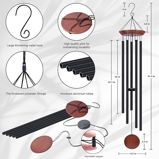 Toodour 60" Extra Large Memorial Wind Chimes for Outside, Deep Tone Wind Chimes with 6 Heavy Tubes, Unique Sympathy Wind Chime for Outdoor Garden Patio Yard Lawn - Brown