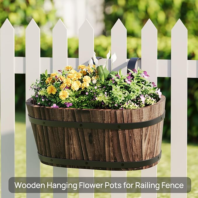 2PACK Railing Planter Box Wood Hanging Flower Pots for Railing Fence Outdoor Balcony Planters for Wall Window Flower Box Hanging Bucket Pots Countryside Plant Holder (Carbonized,2pcs,Large)