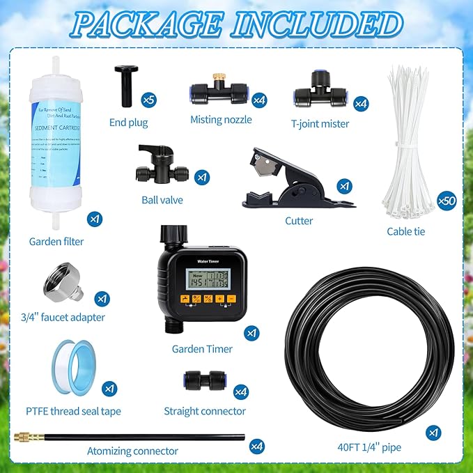 AC Condenser Misting Cooling System with Garden Timer & Water Filter & Cutter, Air Conditioner Evaporative Cooling Kit for Residential AC Units, Sun-Exposed Condensers&High-Temperature Climate Homes