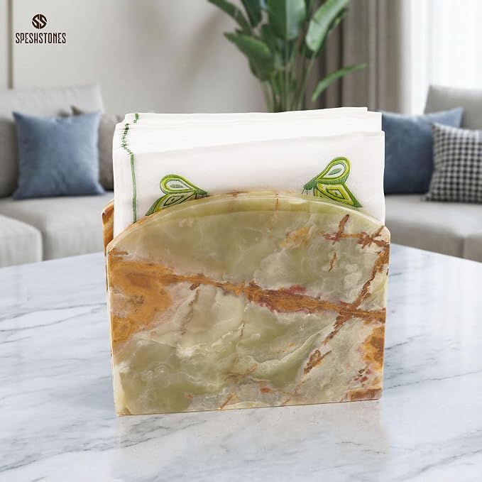 Marble Napkin Holder for Table 6.5 Inch Green Stone Organizer for Cocktail Napkins & Tissue Paper – Decorative Napkin Holder for Bathroom, Kitchen Counter, Coffee Bar & Dining Table