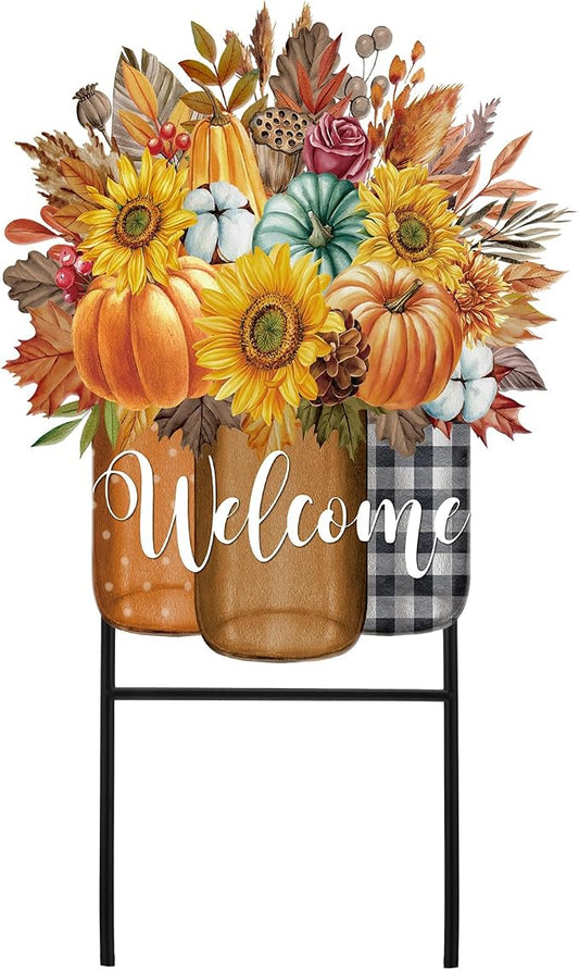 Amyhill Fall Outdoor Decor Metal Garden Stakes 25 Inch Autumn Welcome Yard Signs Fall Decorations Outdoor Pumpkin Decorative Garden Stakes Decorations Thanksgiving Autumn Harvest Patio Lawn Walkway