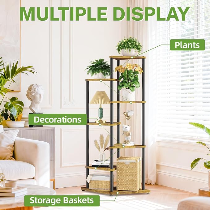 iDavosic.ly Tall Plant Stand Indoor for Large & Heavy Duty Planters, 6 Tier Corner Flower Shelf with Wooden Trays & Metal Frame, 49 Inch Orchid Rack for Living Room Balcony Porch, Black & Brown