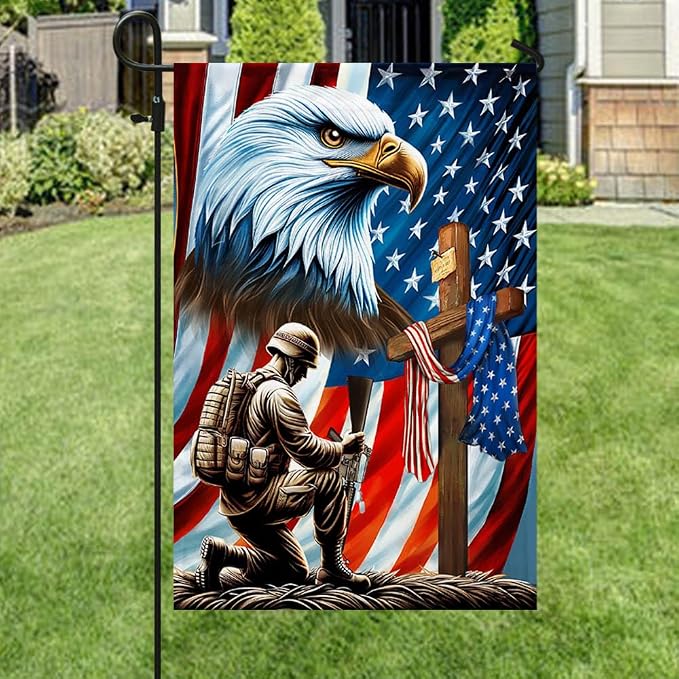 American Flag-Patriotic Eagle Veteran Kneeling Soldier Christ Cross Memorial Day American Flag MLN2793F, 3x5 ft. Flag-USA Flags Premium Polyester-Decorative Indoor Outdoor Flag
