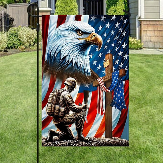 American Flag-Patriotic Eagle Veteran Kneeling Soldier Christ Cross Memorial Day American Flag MLN2793F, Garden Flag (11.5" x 17.5")-USA Flags Premium Polyester-Decorative Indoor Outdoor Flag