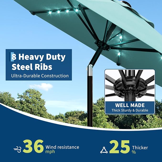 GarveeLife Patio Umbrella with Solar Lights, Outdoor Table Umbrella with 8 Durable Ribs, Tilt & Crank Mechanism, Water & UV Protection Sun Shade Umbrella for Garden, Poolside, Backyard (Yellow, 9 FT)