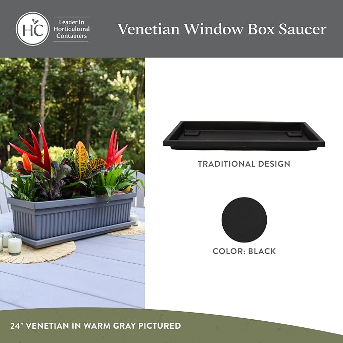 The HC Companies Venetian Rectangular Plant Tray - 17.5" Saucer for 18" Planter Pot, Plastic Drip Tray for Drainage - Indoor & Outdoor Use, Black