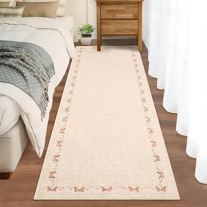 COZYLOOM 2x6 Bow Printed Indoor Rugs for Entryway Modern Border Washable Runner Rug with Non Slip Backing, Stain Resistant Non Shedding Throw Rug Solid Color Carpet for Kitchen, Bedroom, Beige
