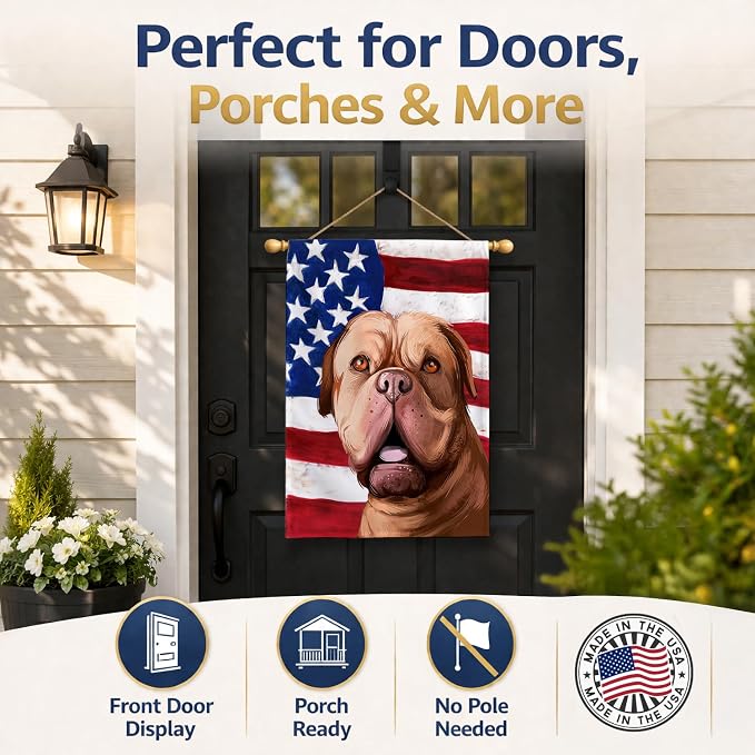 Caroline's Treasures CK6505CHF Dogue de Bordeaux Dog American Flag House Flag Large Porch Sleeve Pole Decorative Outside Yard Banner Artwork Wall Hanging, Polyester, House Size, Multicolor
