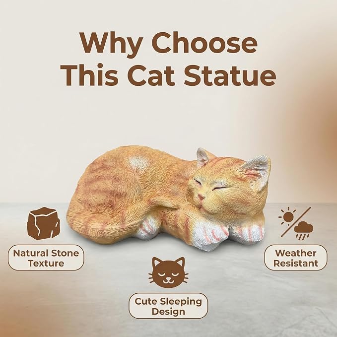 Sleeping Cat Statue, Outdoor Cat Sculpture & Figurine Lawn Ornament, Orange Tabby Statue for Patio, Lawn, Yard Decorative, Cute Kitten Garden Decor