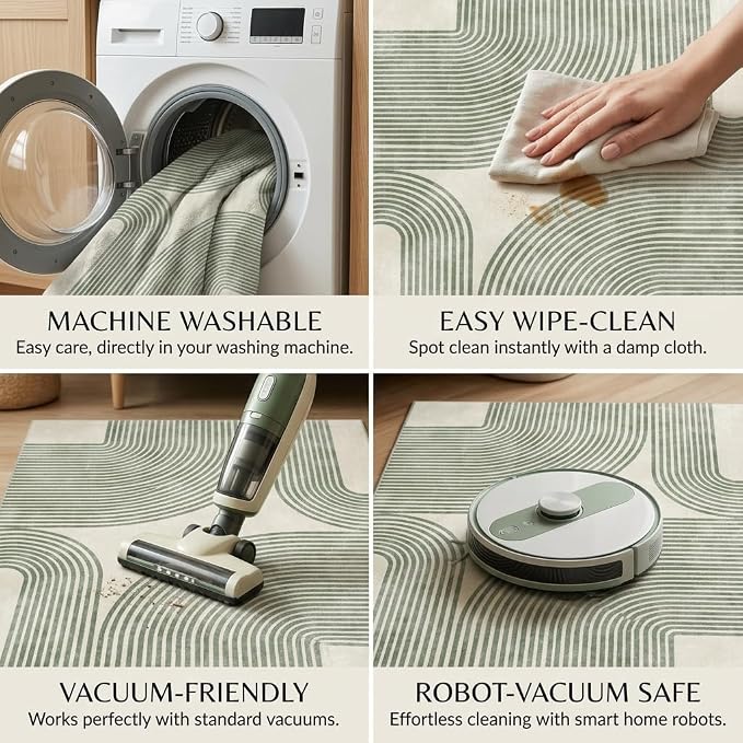 6x9 Green and Beige Modern Geometric Arch Stripe Area Rug | Machine washable, non-slip, low-pile faux cashmere rug for living room, bedroom, dining room, and home office.