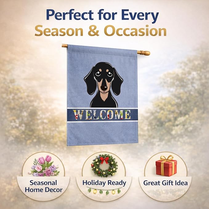 Caroline's Treasures BB1401CHF Smooth Black and Tan Dachshund Welcome House Flag, Blue Large Porch Sleeve Pole Decorative Outside Yard Banner Artwork Wall Hanging, Polyester, House Size, Multicolor