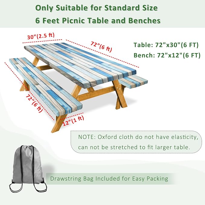 Picnic Table Cover with Bench Covers Camping Essentials Reusable Waterproof Windproof Camping Tablecloth Fitted Rectangle Tables and Seats, 72in, Blue White Wood