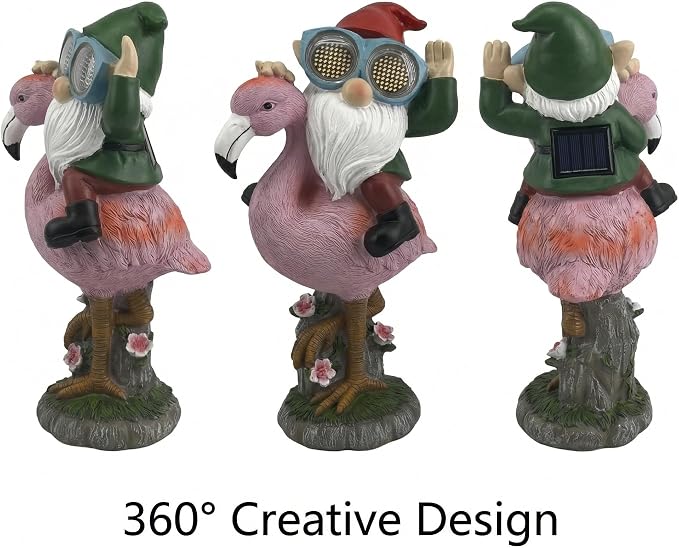 iStatue Solar Flamingo Gnome Garden Statue with Blinking LED Goggles, Funny Solar Garden Decor Outdoor Lawn Ornament Unique Birthday Gifts for Mom Women Dad Men (Multicolor)
