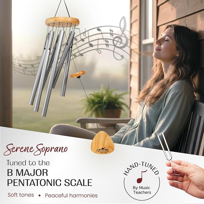 Silver Wind Chimes for Outside Deep Tone, 29 Inch Hand Tuned B Major Pentatonic Soprano Wind Chime with Decorative Kindness Stone, Outdoor Garden Patio Porch Decor, Meaningful Sympathy Memorial Gift