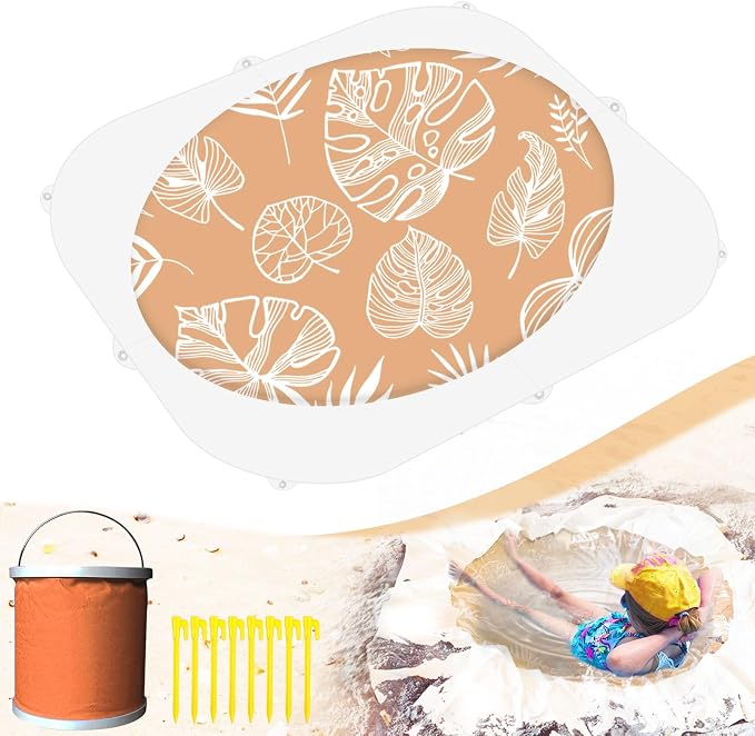 Baby Beach Pool, 2-in-1 Waterproof Beach Blanket & Kiddie Pool, 6.5 x 6.5 Feet Portable & Foldable for Beach with Collapsible Water Bucket, Stakes, Easy to Set up & Clean (Terracotta)