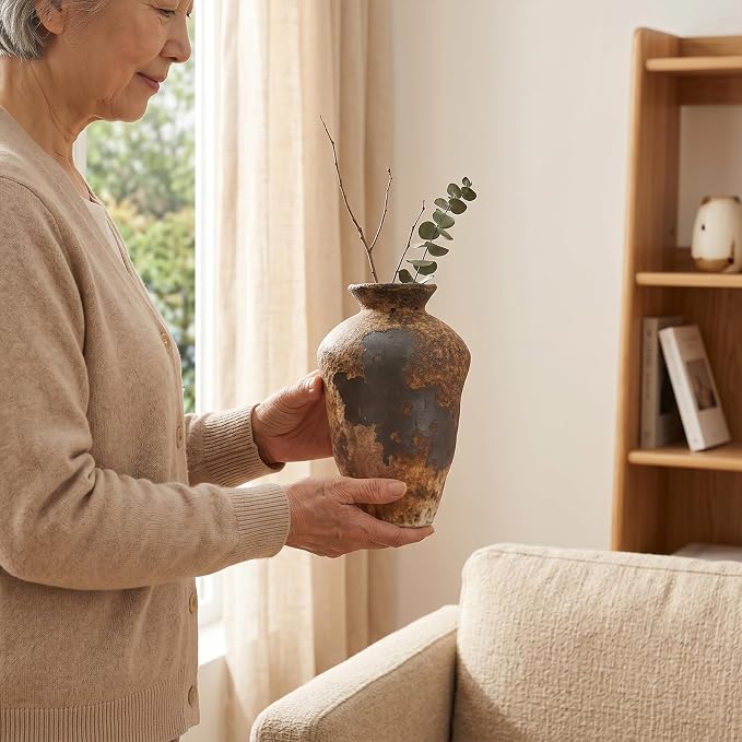 Small Stone Vase for Rustic Home Decor, Farmhouse Antique Pottery Vase Furniture&Table Flower Decorative, Round Terracotta Vases for Living Room Decor, Modern Rustic Concrete Clay Art Vases