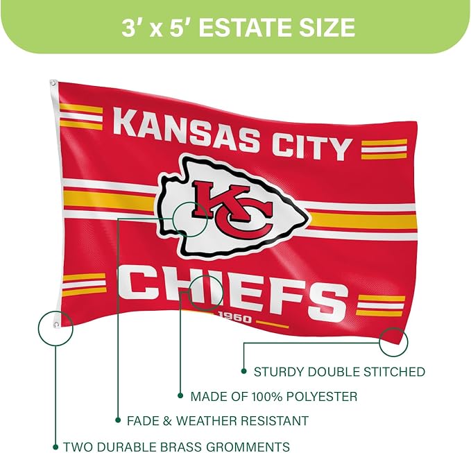 NFL Kansas City Chiefs Vintage Flag | 3 x 5 Outdoor Durable Flag with Grommets | Heavy Duty Banner for Outdoor Garden Patio Decoration | Indoor Wall Decor for Room | Works with Flagpoles for Outside House (Kansas City Chiefs-Vintage)