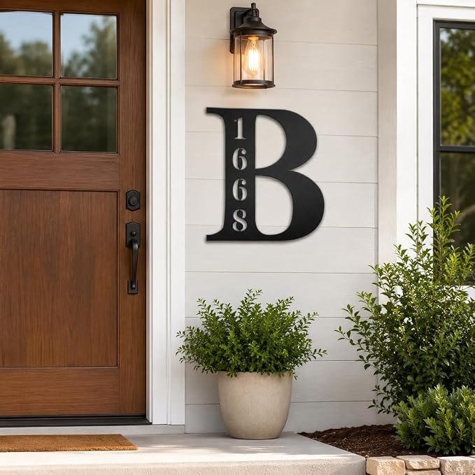 Personalized Metal Address Sign with Large Initial, Custom House Number Plaque and Family Last Name Sign for Outside, Outdoor Wall Mount Address Marker for Front Door Porch Yard