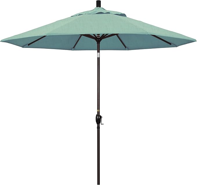 California Umbrella 9' Round Aluminum Market Umbrella, Crank Lift, Push Button Tilt, Bronze Pole
