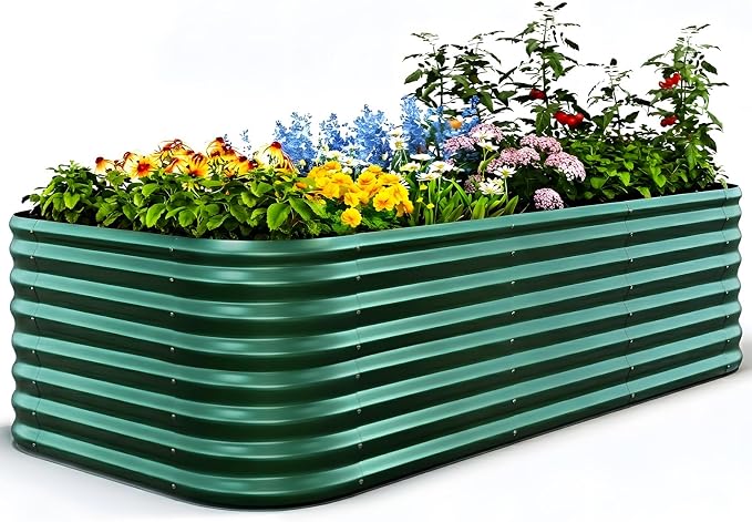 Quictent Galvanized Raised Garden Bed Kit, 8x4x2 ft Oval Metal Planter Box Tall for Vegetables Outdoor Backyard, Strengthened by Crossbar, Dark Green