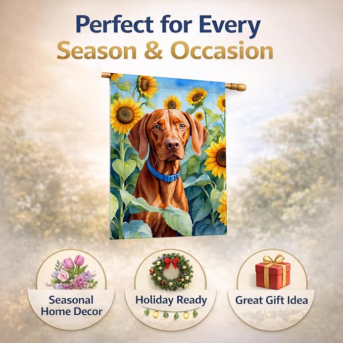 Caroline's Treasures DAC6169CHF Vizsla in Sunflowers House Flag Large Porch Sleeve Pole Decorative Outside Yard Banner Artwork Wall Hanging, Polyester, House Size, Multicolor