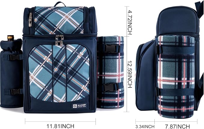 ALLCAMP Picnic Basket Backpack Cooler for 4 Person with 2 Insulated Cooler Compartment, Detachable Bottle/Wine Holder, Fleece Blanket, Plates and Cutlery for Family,Couple and Friend gatherings (Blue)