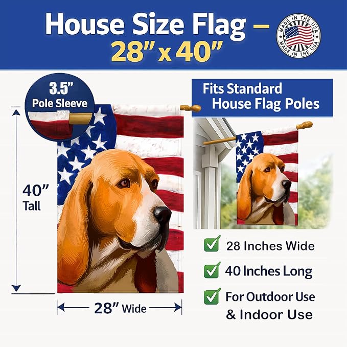 Caroline's Treasures CK6409CHF Artois Hound Dog American Flag House Flag Large Porch Sleeve Pole Decorative Outside Yard Banner Artwork Wall Hanging, Polyester, House Size, Multicolor
