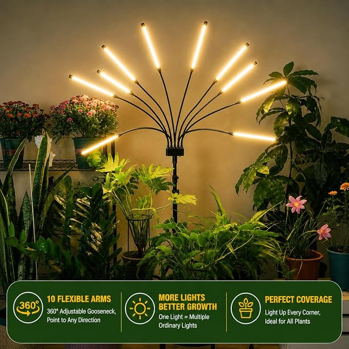 Grow Lights for Indoor Plants [ 10 in1 ] 500 LEDs, Full Spectrum Grow Light for Indoor Growing with Tripod Stand, Auto On/Off Timing 4/8/12H, Plant Grow Lights Indoor.