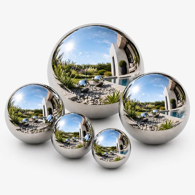 Gazing Ball Garden Mirror Outdoor, Outside Decorative Globe Silver 5Pcs Mix | Metal Polished Reflective Sphere, Stainless Steel Hollow Decoration Ornament for Home Pond Swimming Pool Housewarming Gift